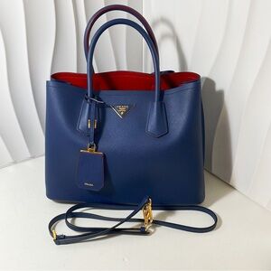 PRADA Double Medium Tote Bag Blue Saffiano Leather